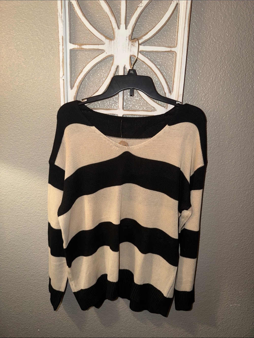 Striped Black and Cream Knit Sweater - Women's Casual Pullover